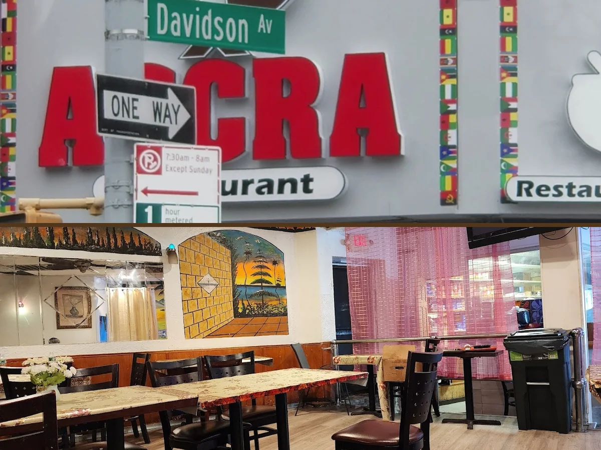 Counter service with prepared Ghanaian food.