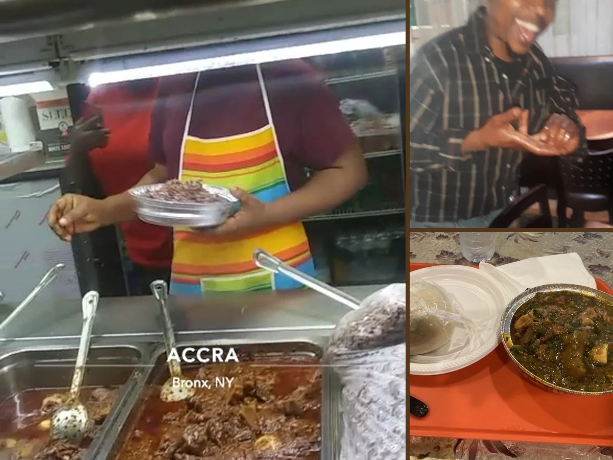 Counter service with prepared Ghanaian food.