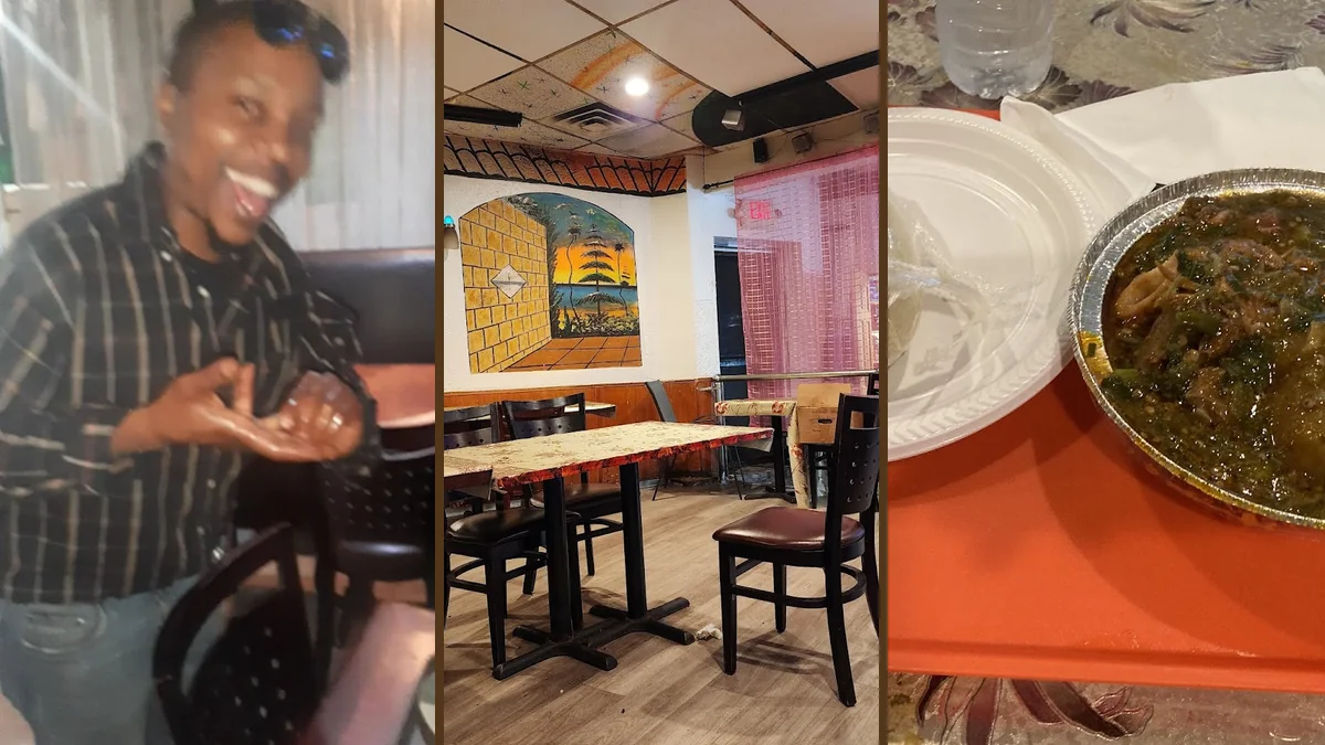 Counter service with prepared Ghanaian food.